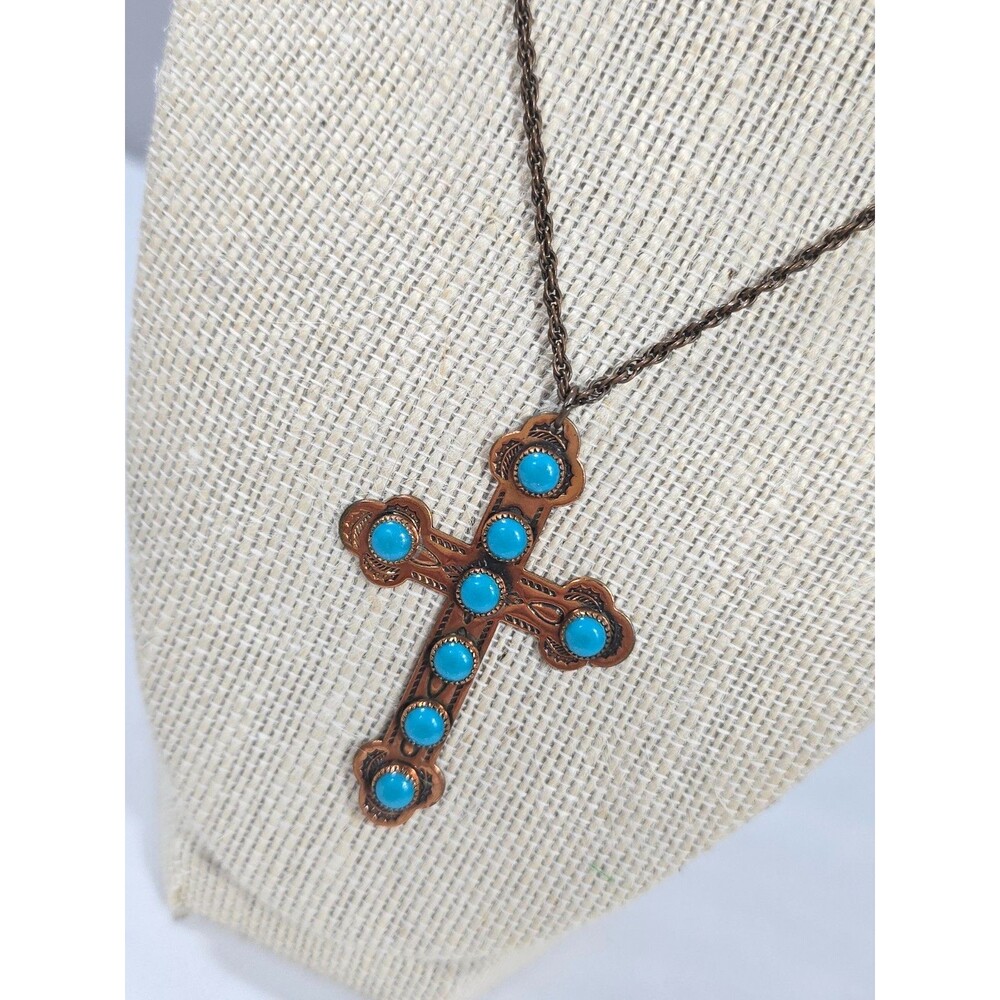 Vtg 1960s Bell Trading Post Solid Copper Cross Necklace Turquoise Southwestern